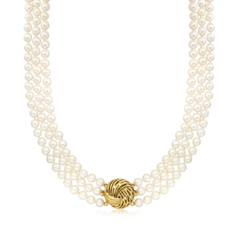 Vintage cultured pearl three-strand necklace with 14kt yellow gold spiral clasp