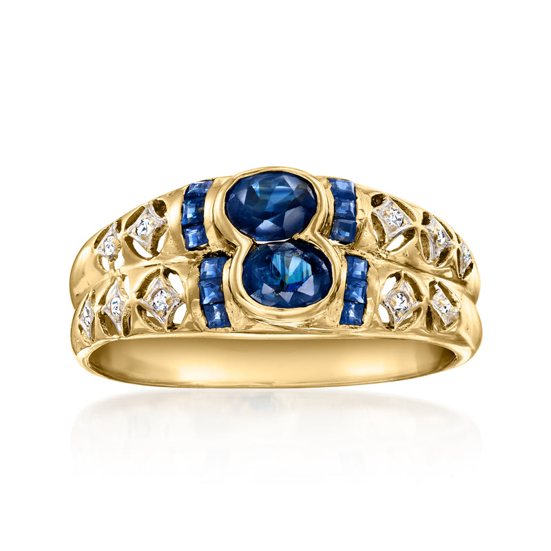14kt yellow gold vintage ring with two oval blue sapphires and diamond accents