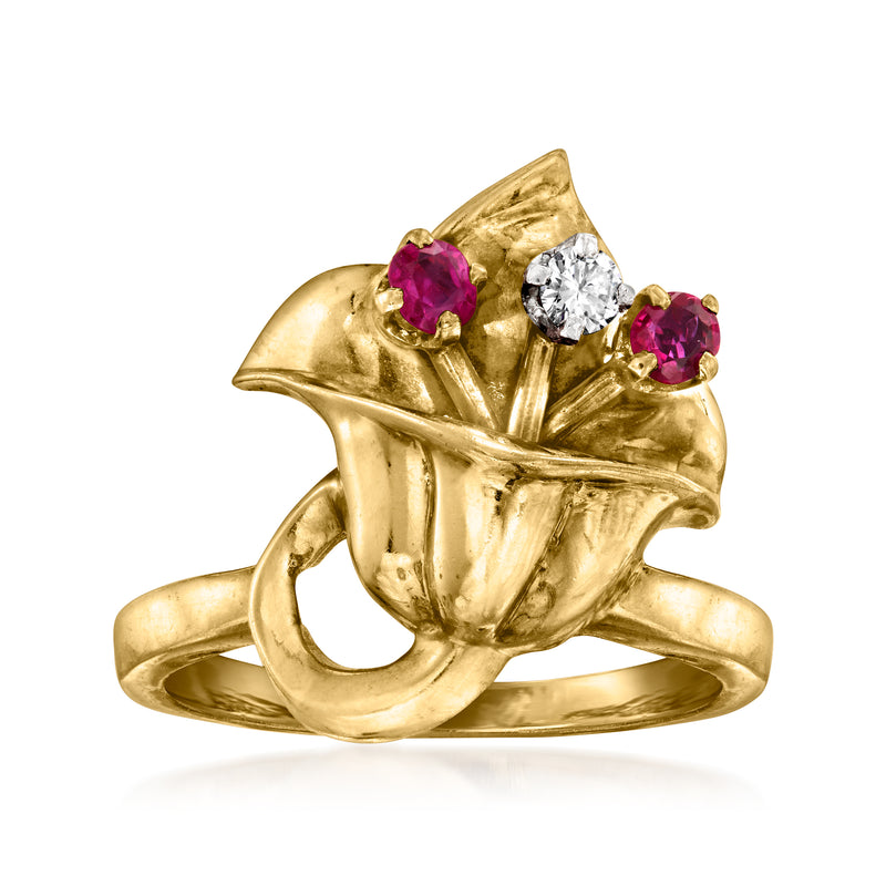 14kt yellow gold flower ring with ruby and diamond accents, vintage style