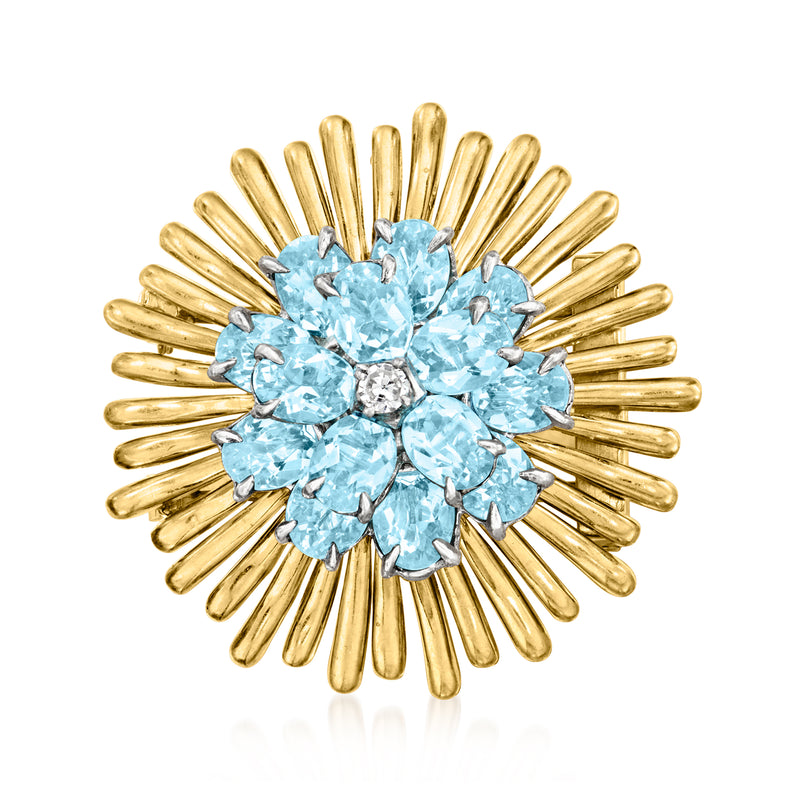 Vintage aquamarine floral pin in 14k yellow gold with light blue stones