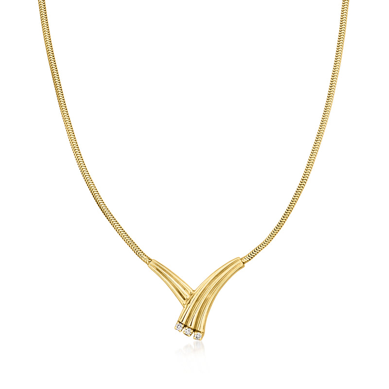 14kt yellow gold V necklace with three channel-set diamonds