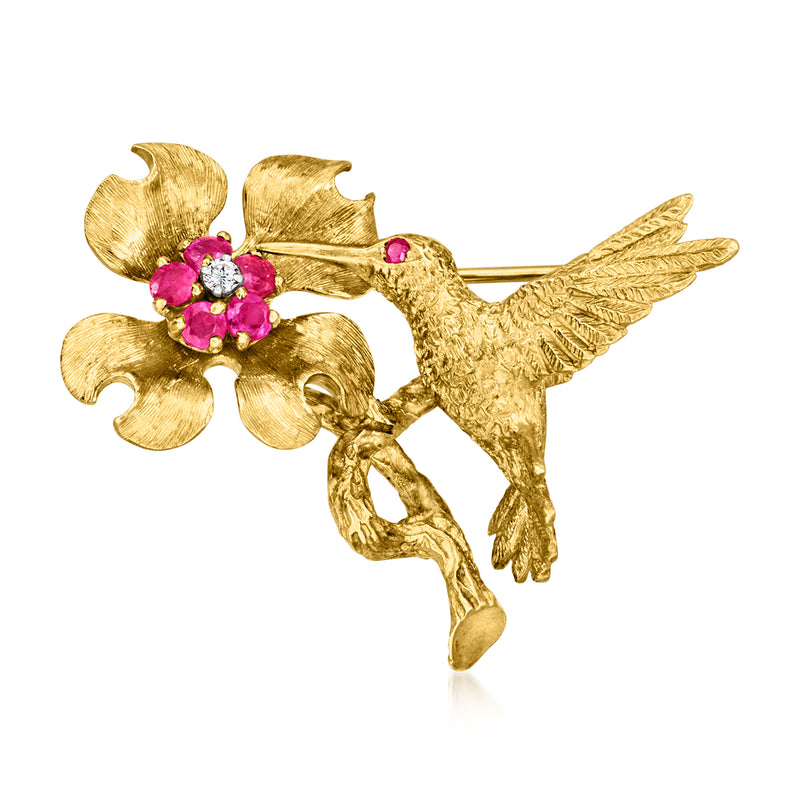 Vintage 18kt yellow gold hummingbird pin with pink ruby flower and clear diamond accents