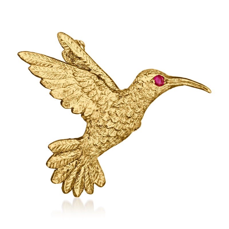 18kt yellow gold hummingbird pin with ruby accent