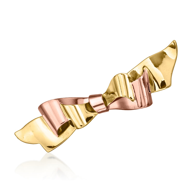 Vintage two-tone gold bow pin with pink and yellow metal ribbon tips