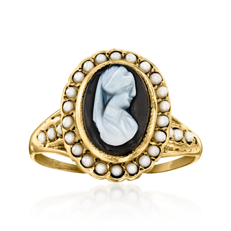 Vintage black agate cameo ring with seed pearls, in 14kt yellow gold setting