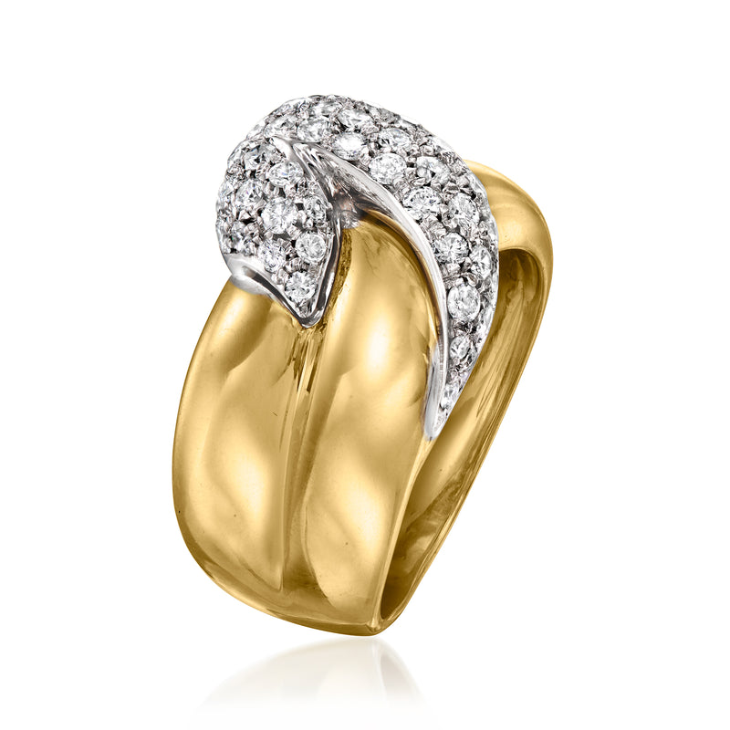 Yellow gold curve ring with diamond cluster top, openwork side and polished band