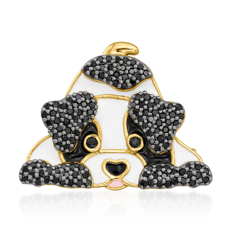 Gold-tone dog pendant with black pave body and multicolored enamel accents