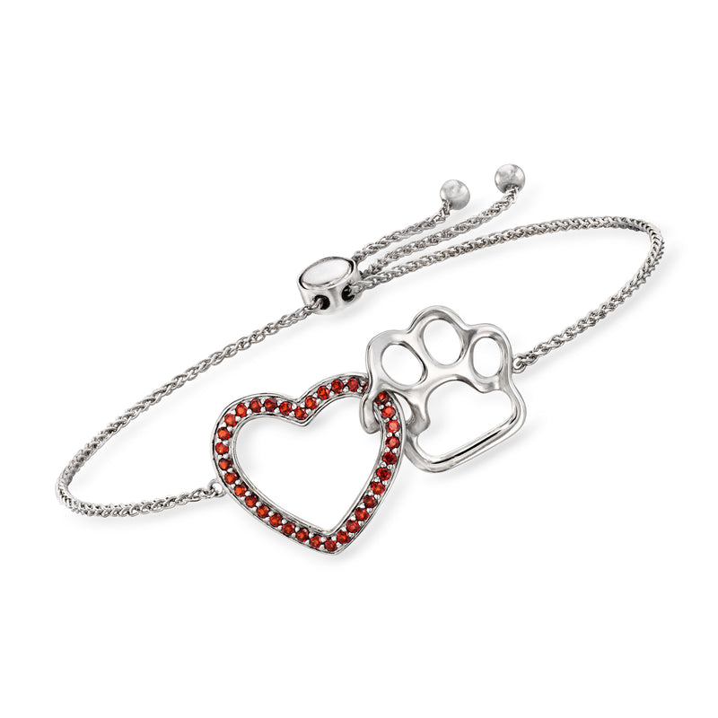 Sterling silver bolo bracelet with heart charm, red stones, and paw print detail