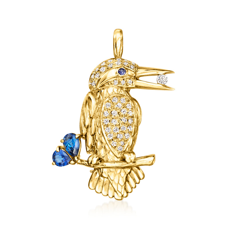 18kt yellow gold bird pin with blue sapphire eye and round diamond accents