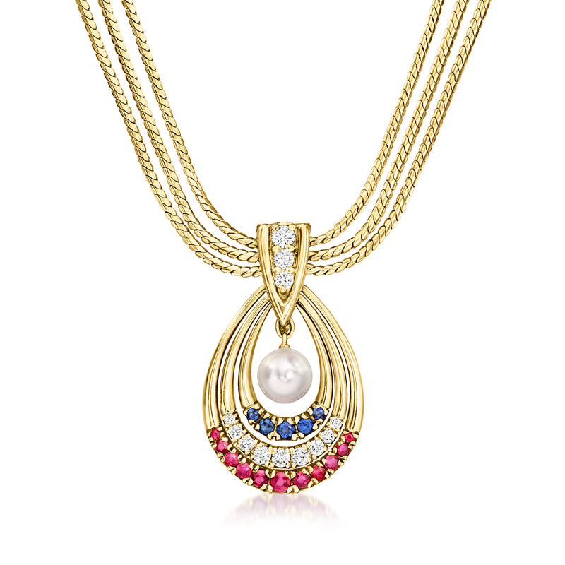 18kt yellow gold necklace with cultured pearl pendant, diamond top and blue/pink gem trim