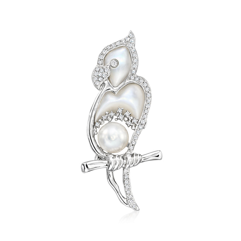 Vintage bird pin with mother-of-pearl, cultured pearl, and diamond accents in white gold
