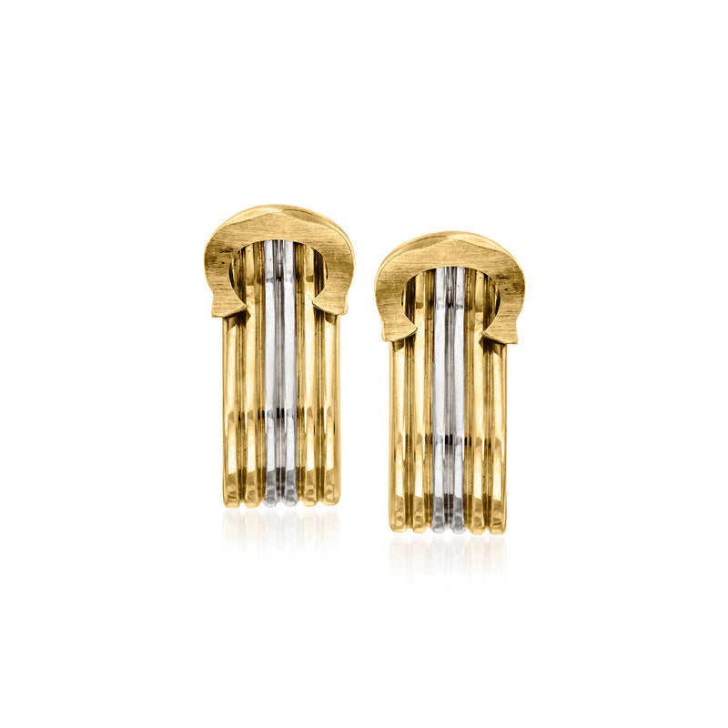 Two-tone gold curved clip-on earrings with ribbed bar design