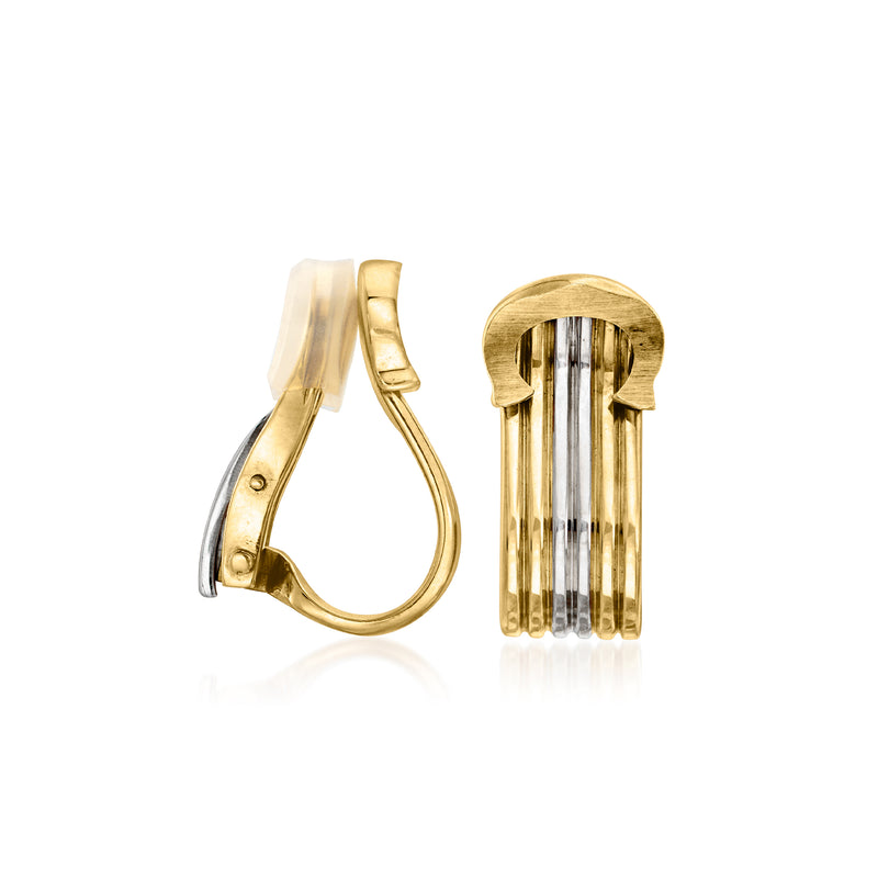 Two-tone clip-on earrings with hinged clip back and ribbed bar face
