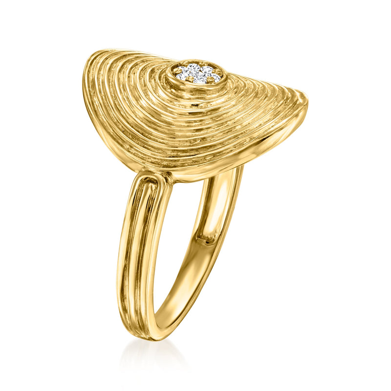 Gold ripple swirl ring, angled view, with center round diamond cluster