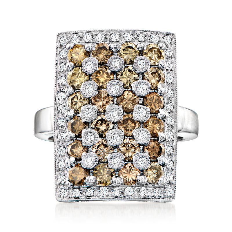 Rectangle diamond ring in white gold with brown and white stones, square halo design