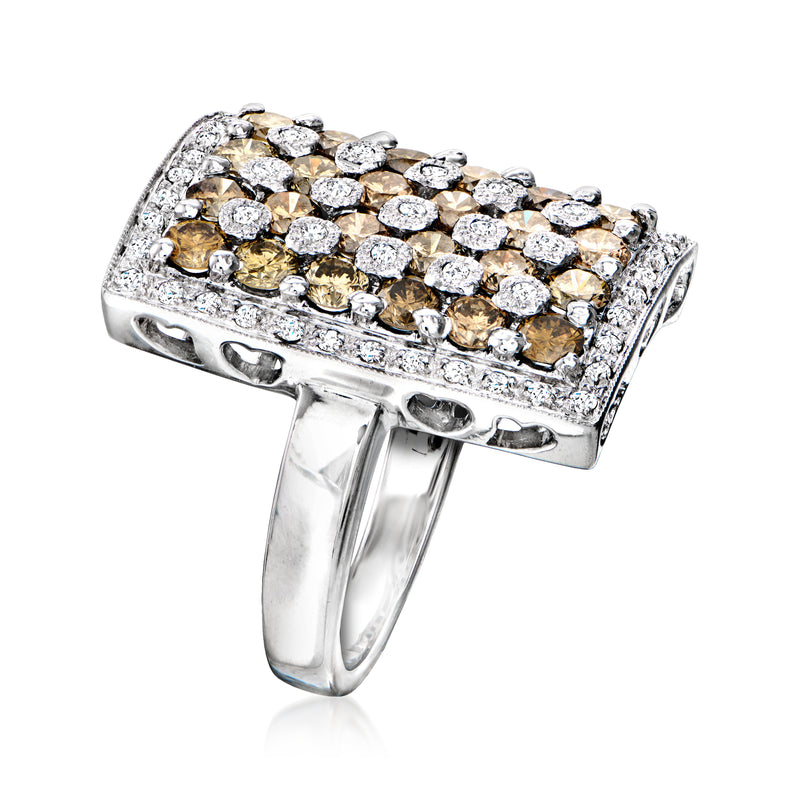 Angled view of white gold rectangle diamond ring with brown and white gemstone cluster