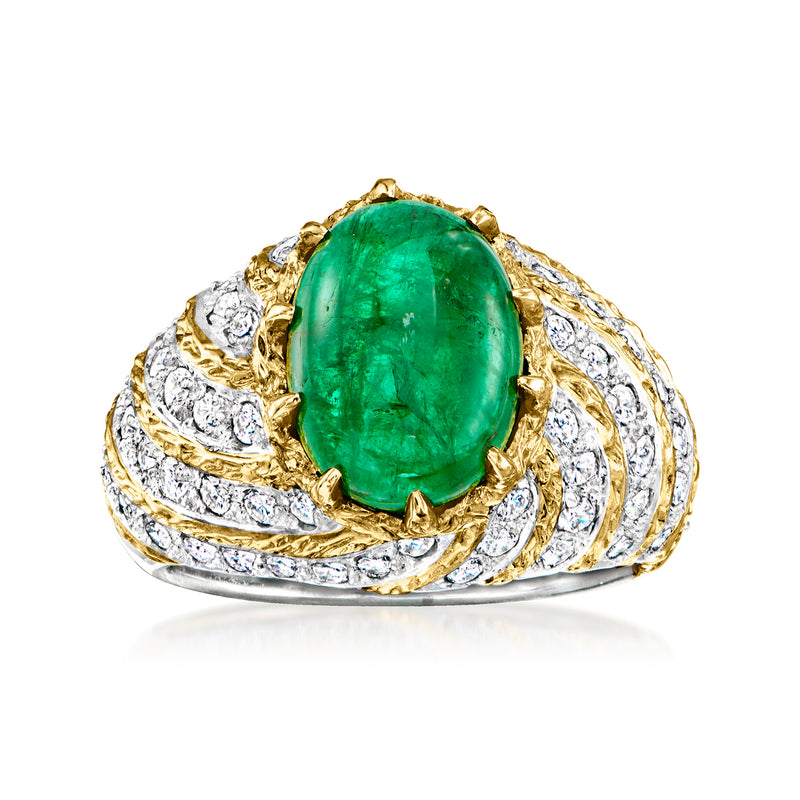 Vintage emerald and diamond ring in platinum and yellow gold with oval green center stone