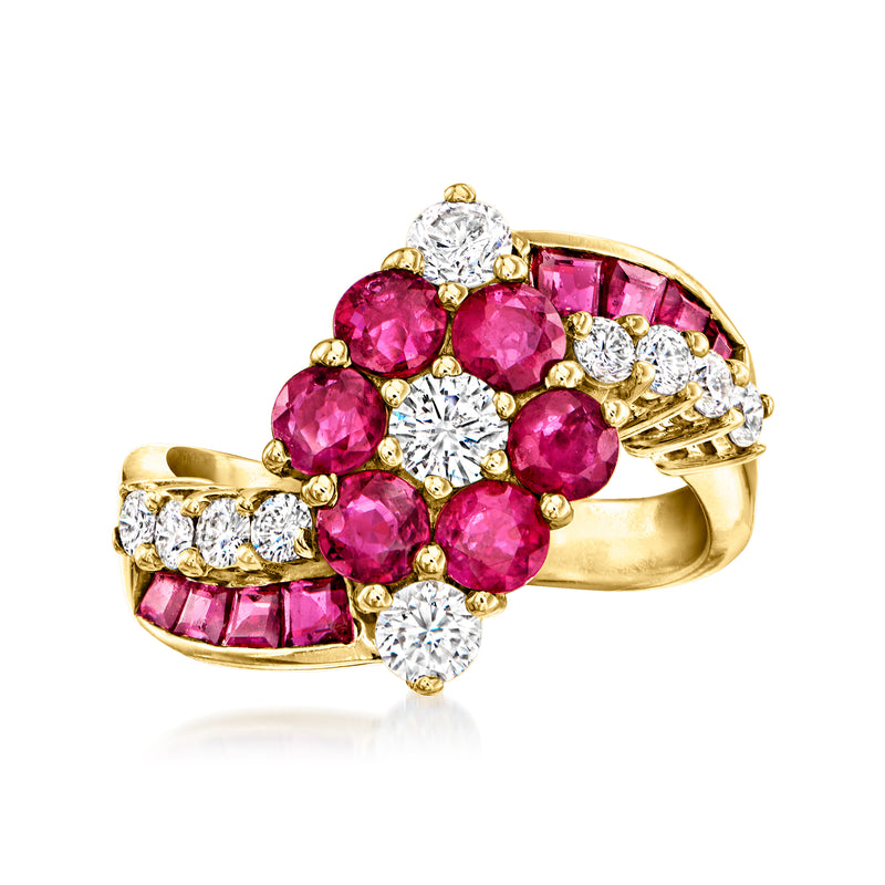 Vintage flower ring in 18k yellow gold with pink ruby center and diamond accents