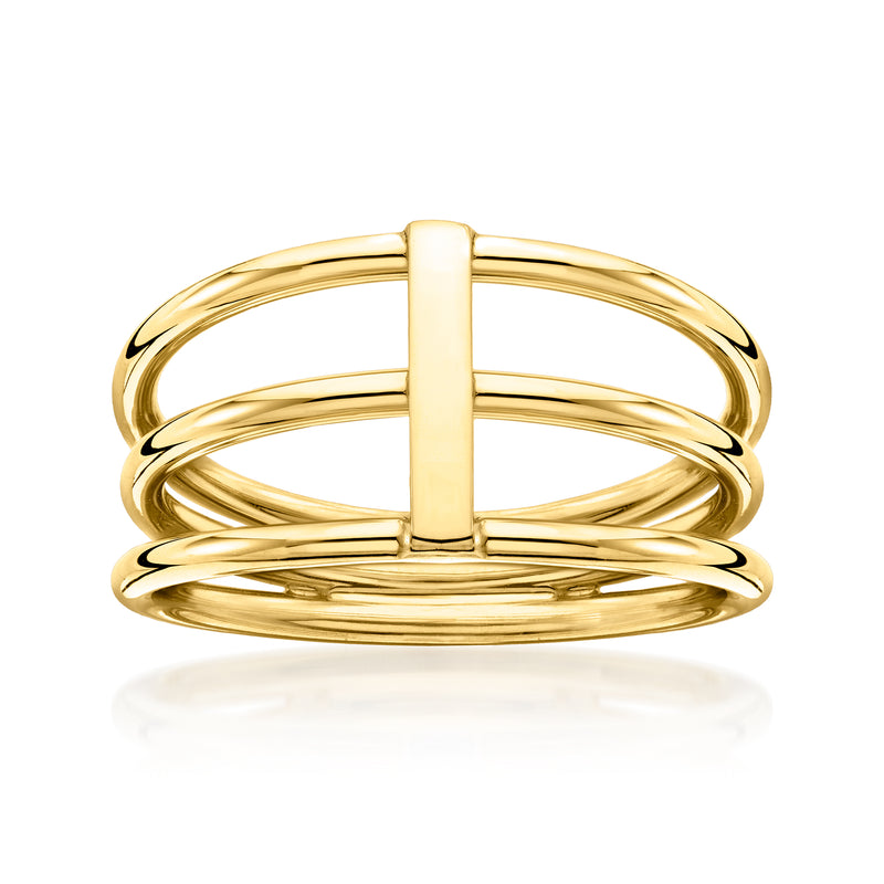 Yellow gold three-row bar ring with raised central bar design