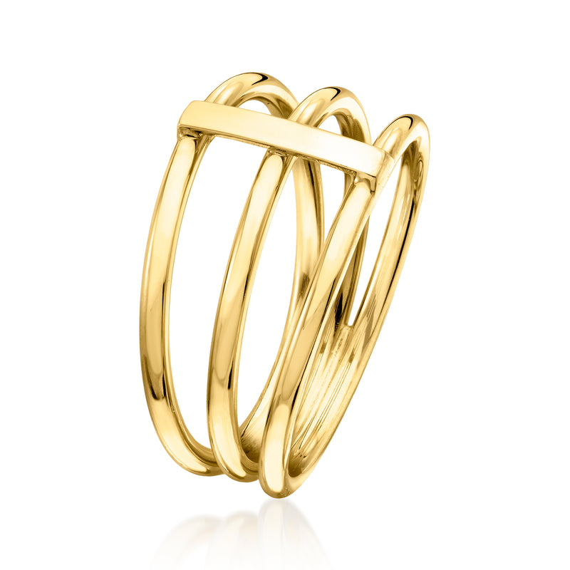 Yellow gold three-row bar ring, side profile with smooth polished bands