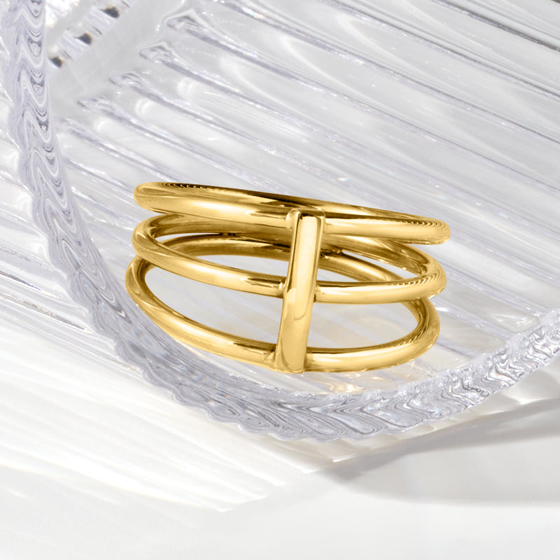 Yellow gold three-row bar ring with central vertical bar and glossy finish