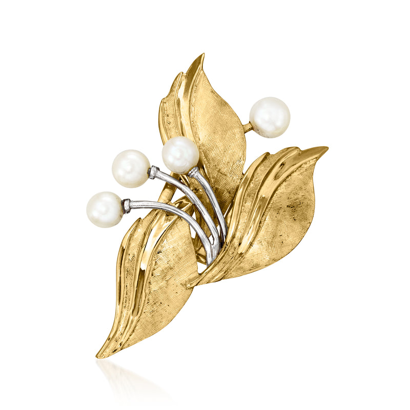 14kt yellow gold leaf pin with five 5–5.5mm cultured pearls