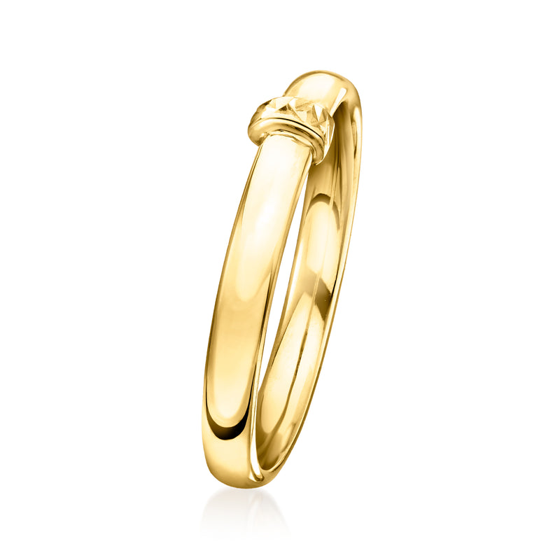 Yellow gold station ring shown from the side with raised square station top