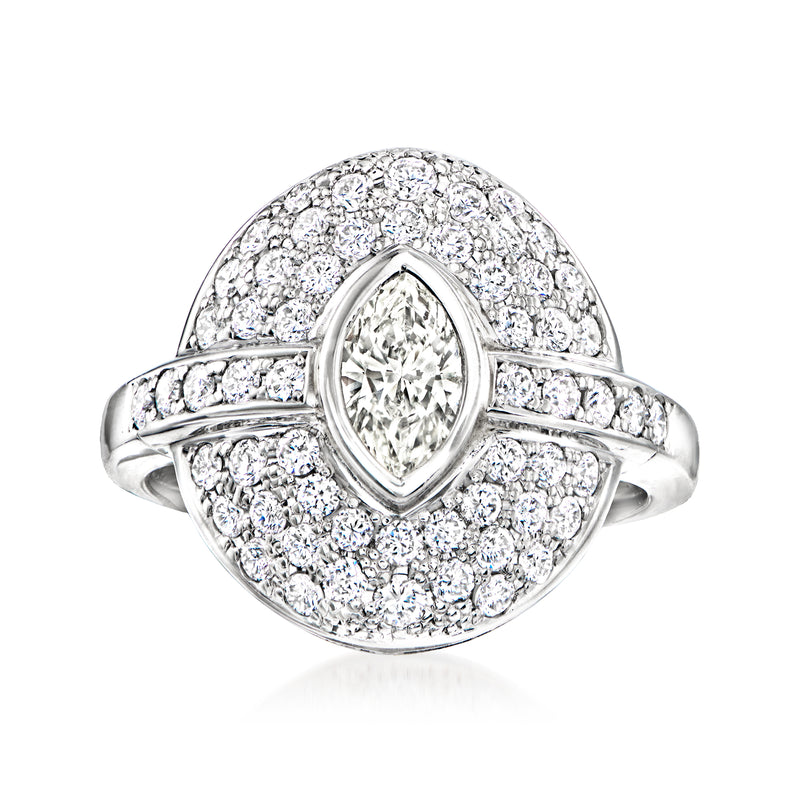 Platinum diamond ring with marquise center stone and pavé halo
