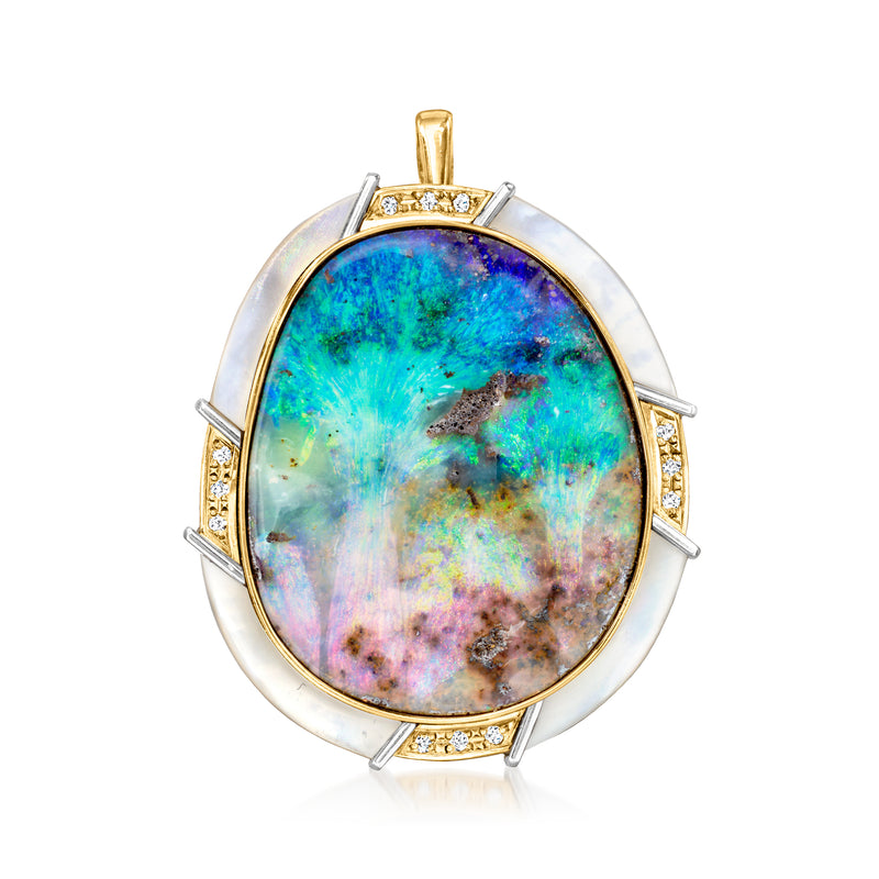 Oval opal and mother-of-pearl pin, platinum settings with diamond accents, yellow gold top