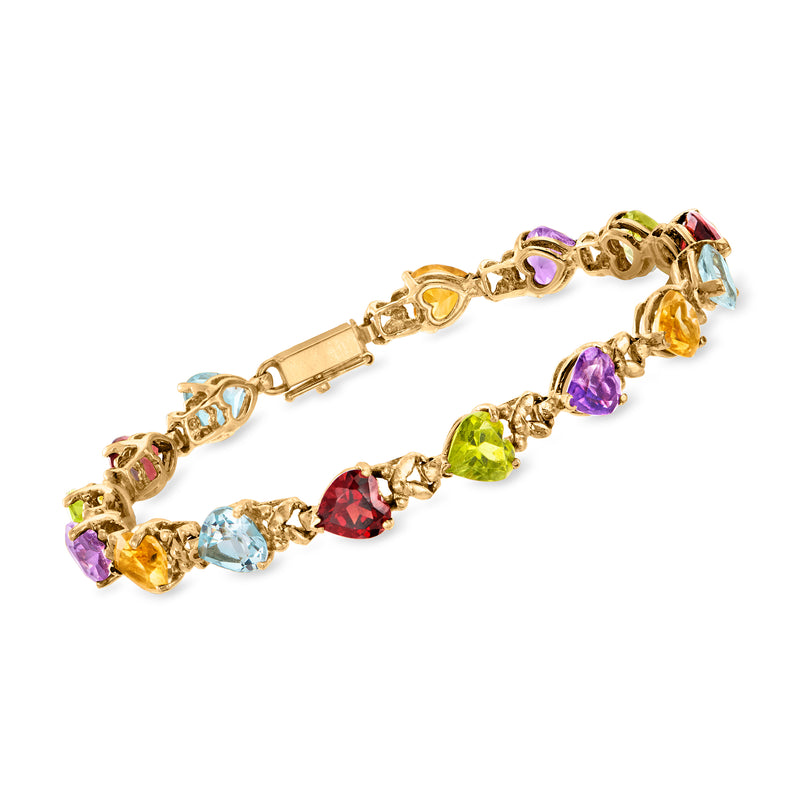 14kt yellow gold heart bracelet with multicolor gemstones and toggle clasp