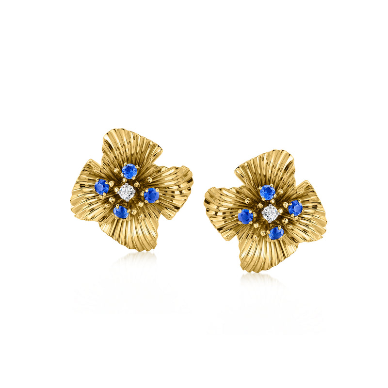 Ridged yellow gold clip-on earrings with blue sapphire flower centers and clear diamond accents