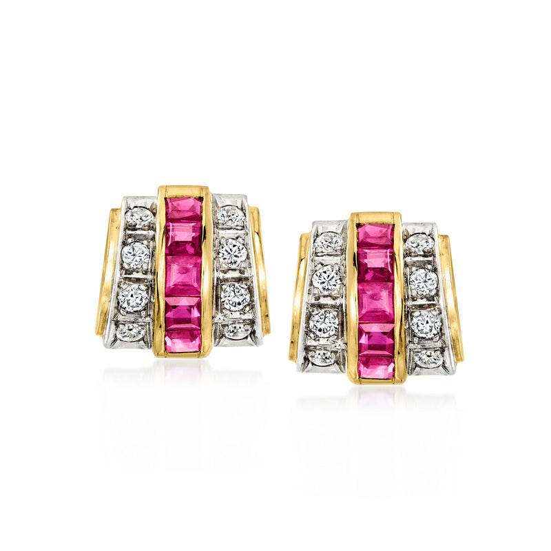 Ruby and diamond stud earrings with rectangular pink stones in yellow gold posts