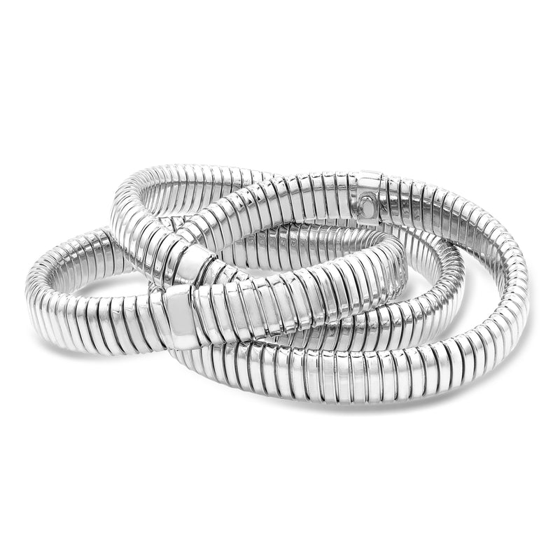 Sterling silver stretch bracelet with interlocking ribbed tubogas coils and clasp