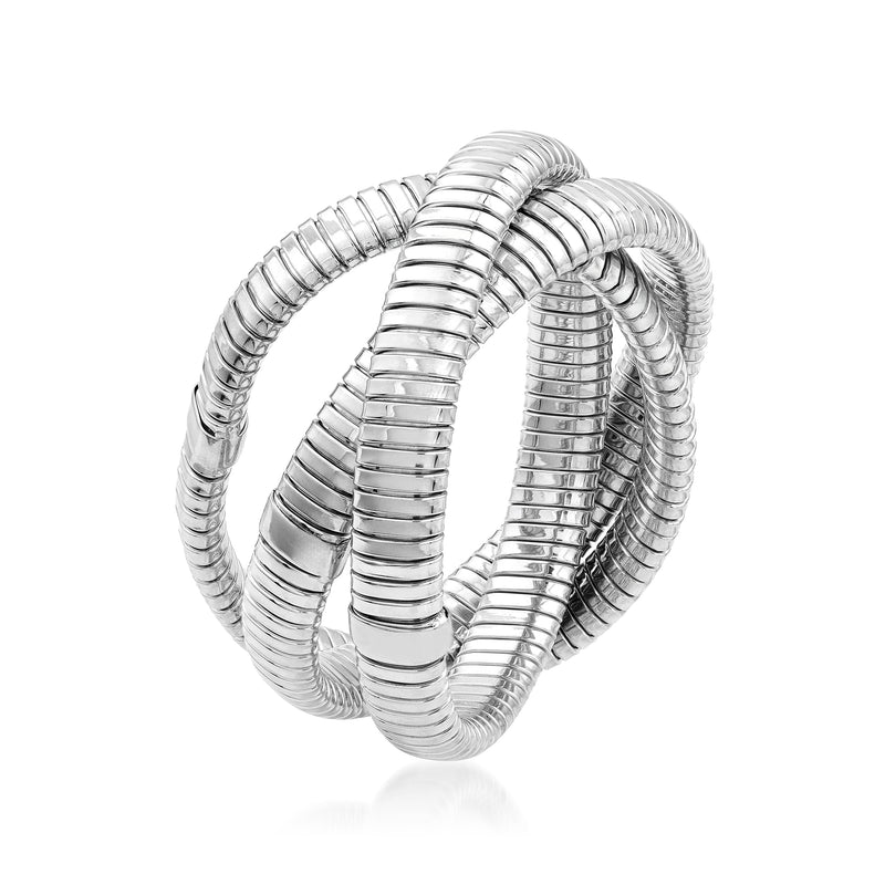 Sterling silver interlocking tubogas coil stretch bracelet, stacked wrap design