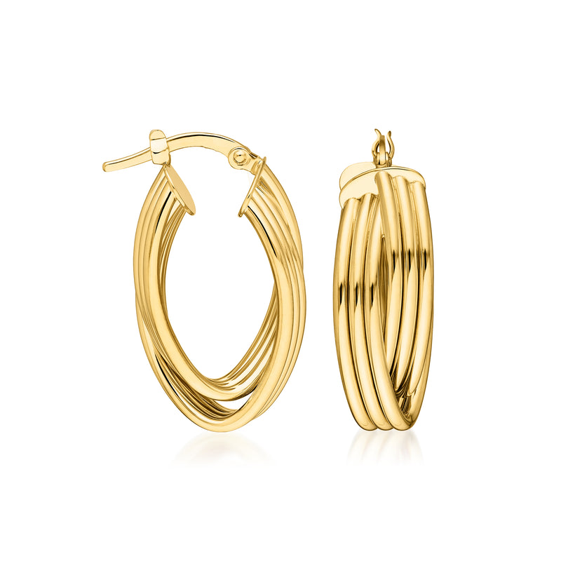 14kt yellow gold multi-row oval hoop earrings, hinged back, polished finish