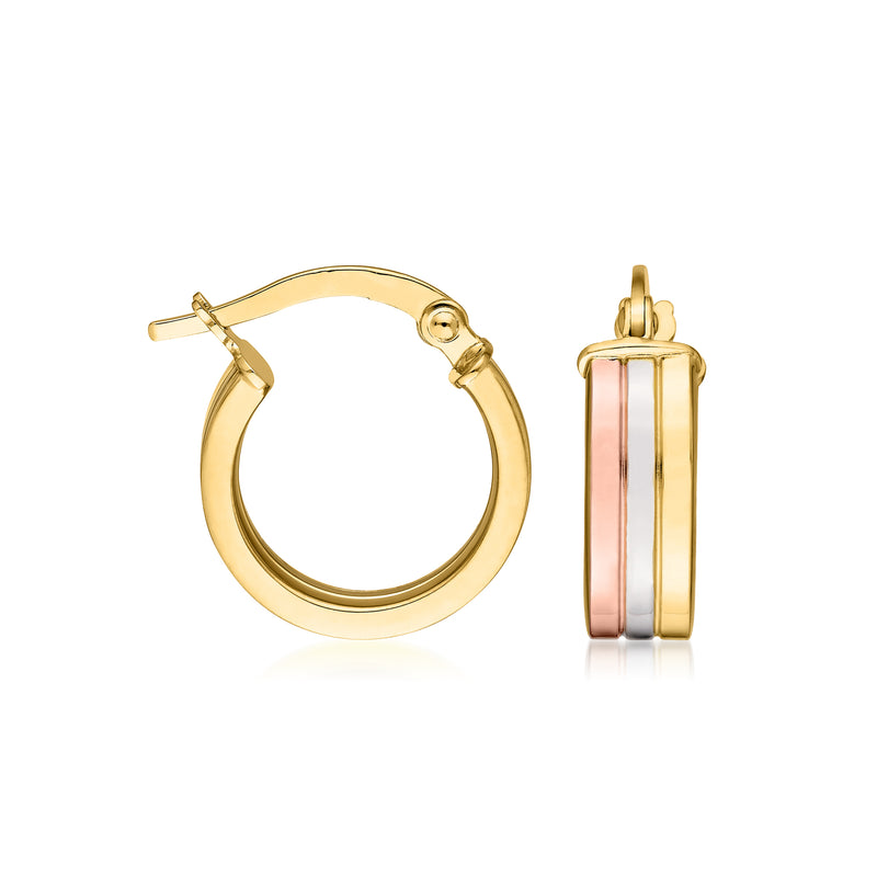 Tri-colored 14k gold hoop earrings with slim hinged clasp, gold and rose accents