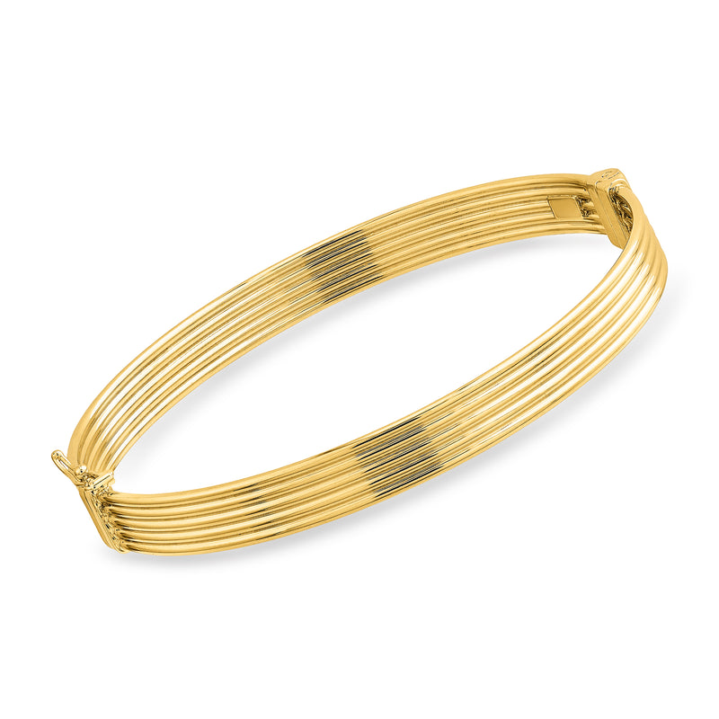 14kt yellow gold multi-row bangle bracelet with hinged clasp, oval stacked bands