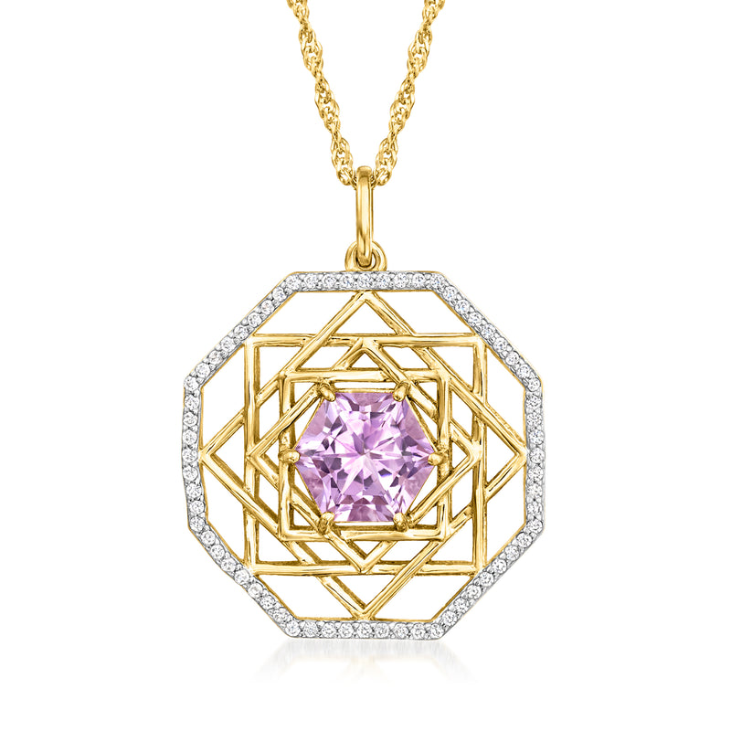 Gold-tone geometric pendant necklace with hexagon frame, amethyst center, white stones