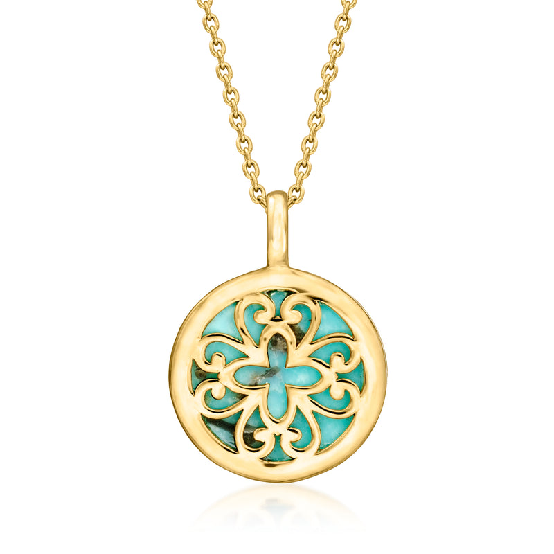 Gold pendant necklace with round turquoise enamel disk and cutout floral design