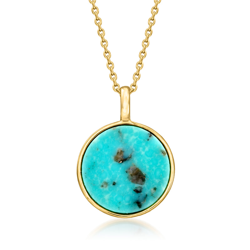 Gold round turquoise pendant with natural stone veining and raised rim