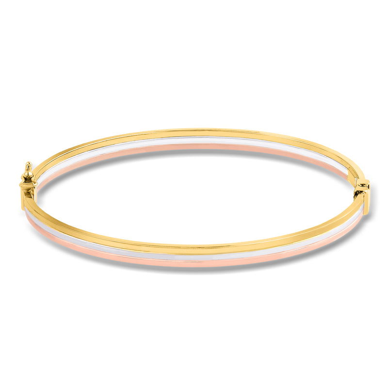 Tri-colored 14kt gold bangle bracelet with triple band oval hoop