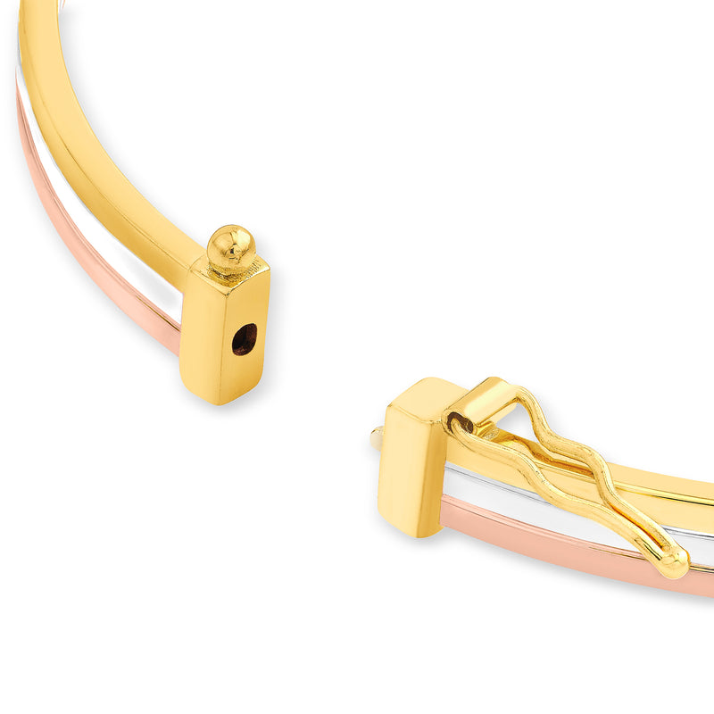 Tri-colored 14kt gold bangle clasp end detail with open hinge