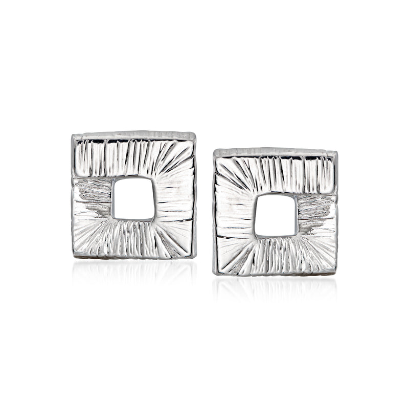 Square white gold hoop earrings with textured fan pattern and square cutout center
