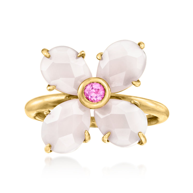18kt yellow gold flower ring with white agate petals and pink sapphire center