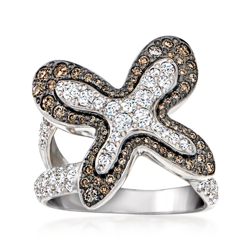 X diamond ring in 18kt white gold with white and dark brown stones