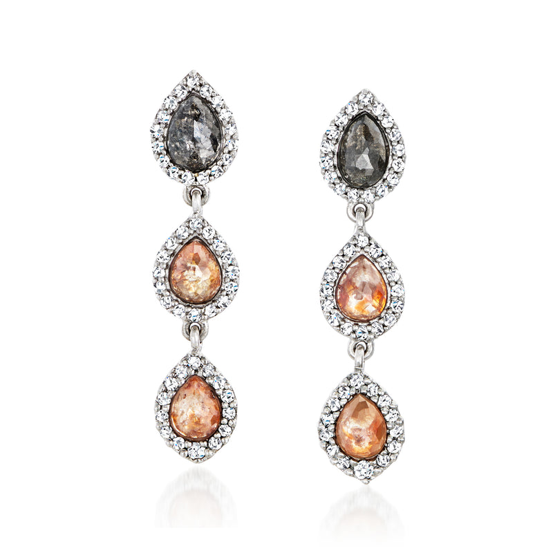 White gold diamond drop earrings with three stacked pear-shaped brown stones