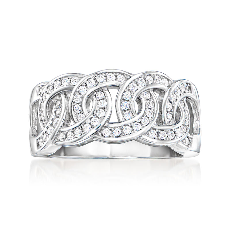 Sterling silver ring with interlocking circle zircon rows, polished band