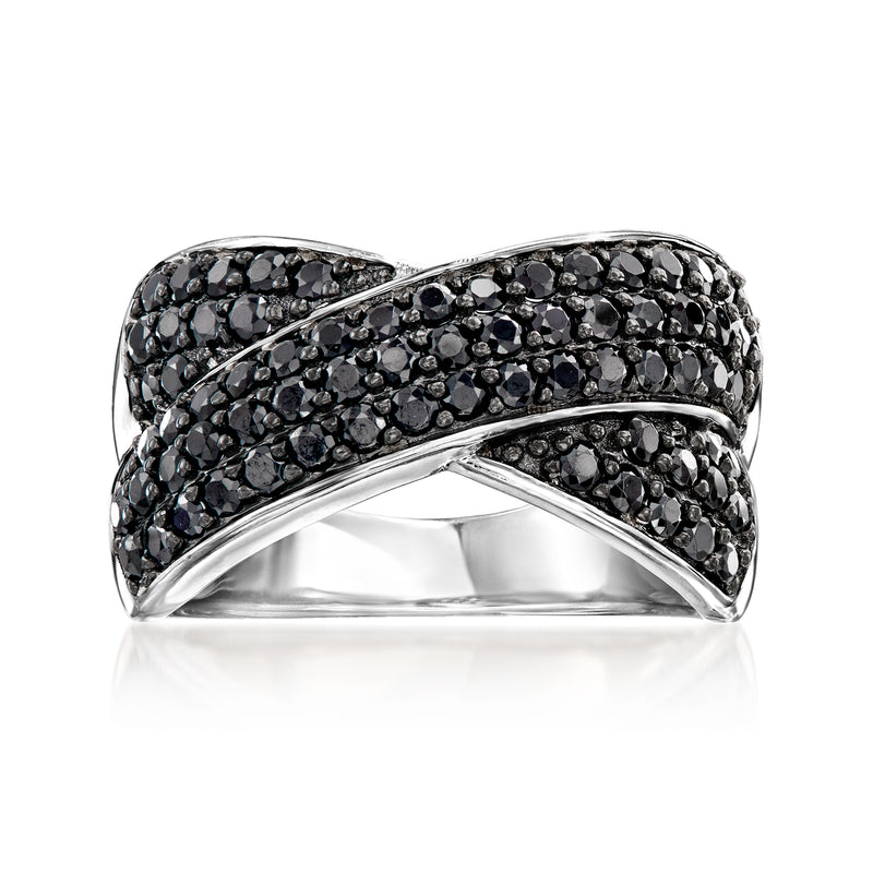 Black spinel crisscross ring in sterling silver