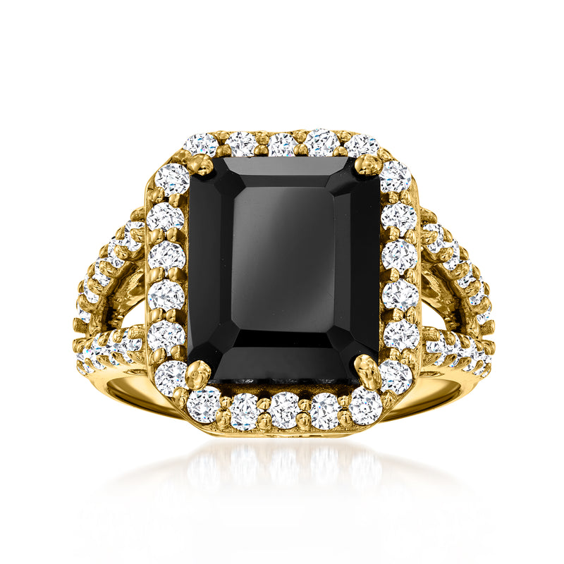 Black spinel and white topaz ring in 18kt gold over sterling with halo setting