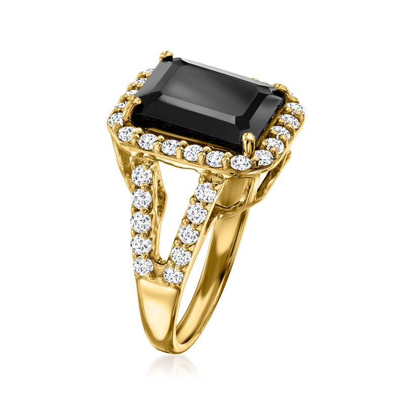 Gold over sterling ring with black square gemstone, white side stones, open gallery
